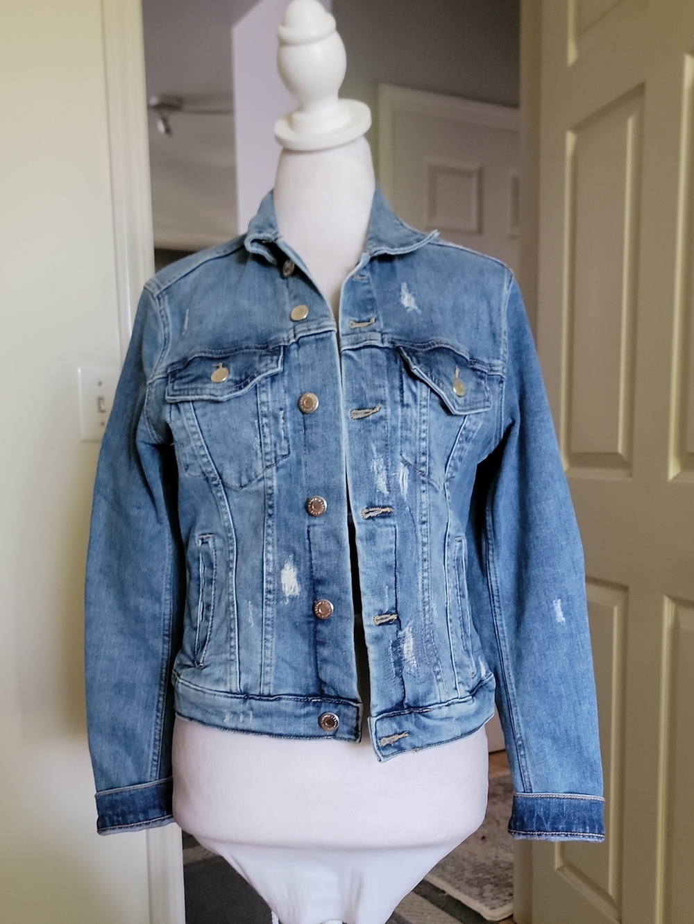 Women's Light Blue Distressed Denim Jacket - Casual Jean Jacket